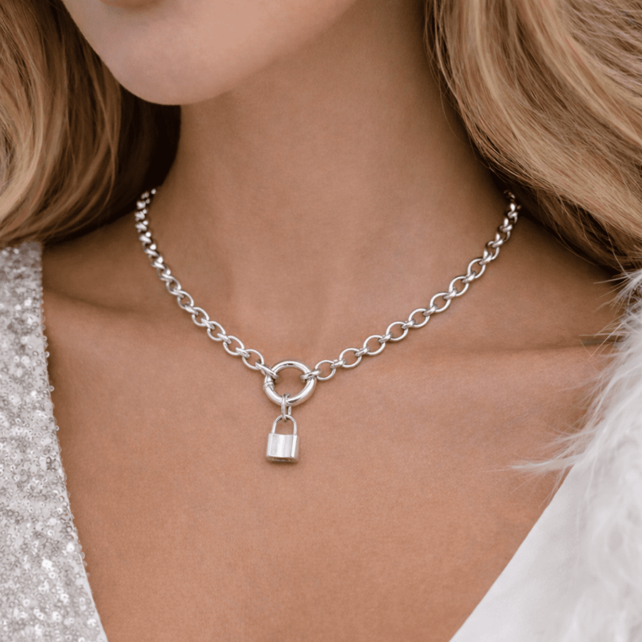 Collier maille jaseron femme pendentif cadenas oversize fermoir bouée argent 925 ENTRY DENIED, SWEETIE – bijoux fait main en argent 925 | Pitch & Néo