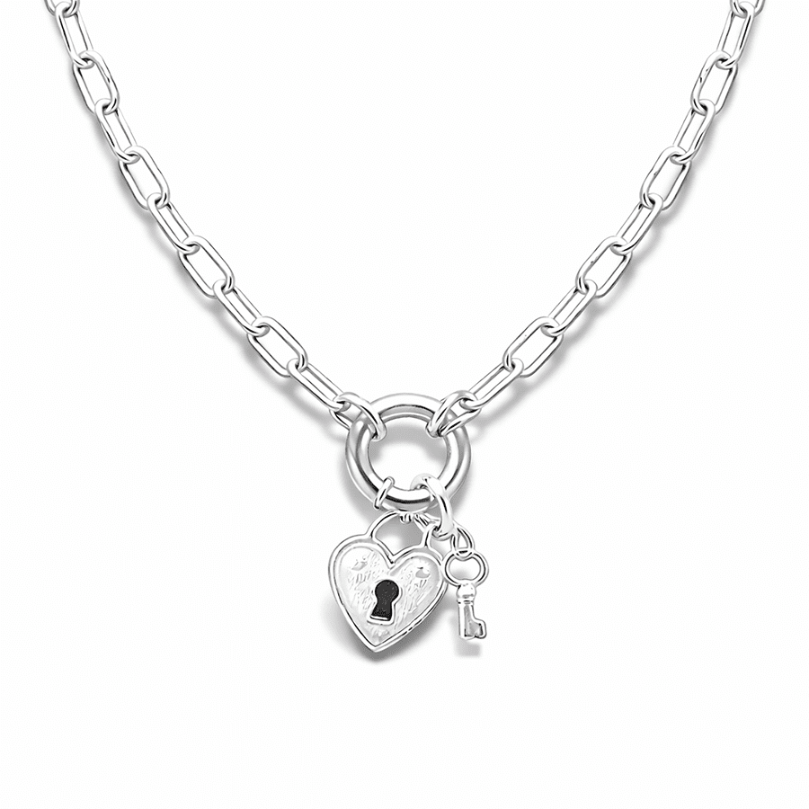 Collier maille rectangulaire massive pendentif cadenas cœur clé baroque fermoir bouée oversize femme argent 925 NO KEY, NO MERCY – bijoux fait main en argent 925 | Pitch & Néo