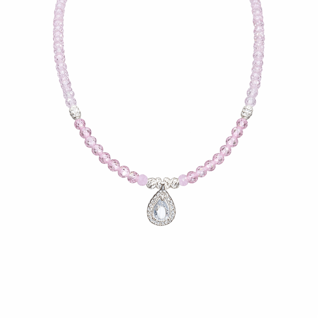 Collier perles femme argent 925 COTTON CANDY KISS – perles de pierre de lune arc - en - ciel dégradées et pendentif goutte zircon, zircons roses – bijoux fait main en argent 925 | Pitch & Néo