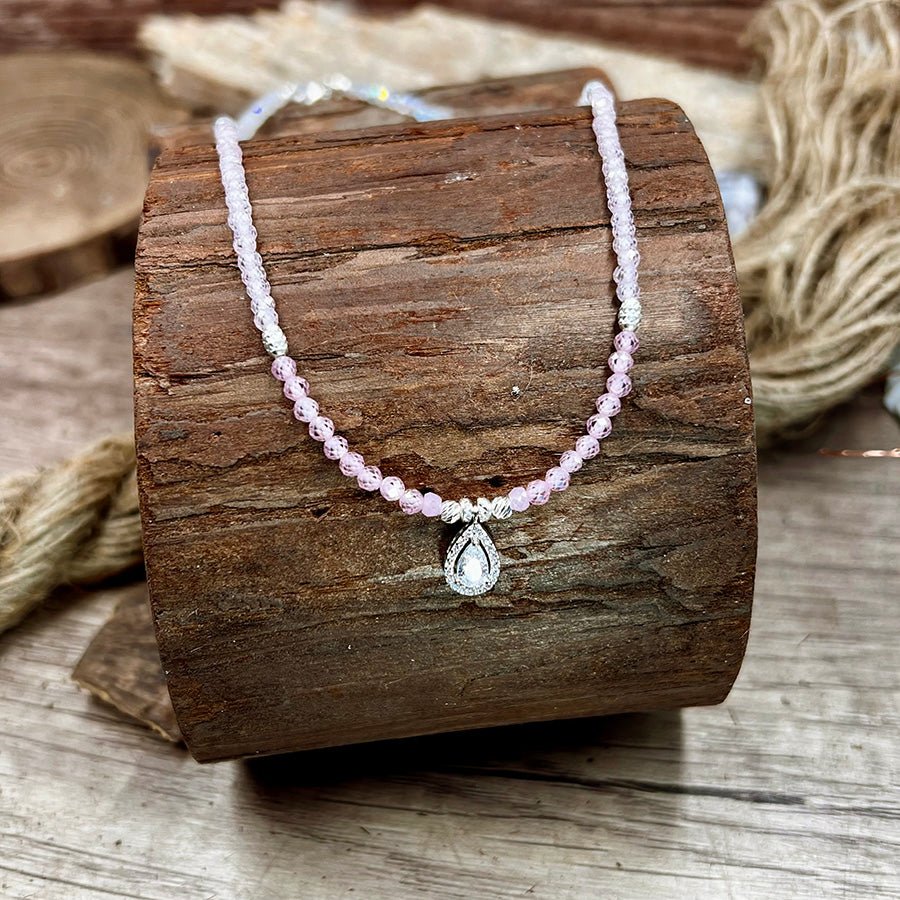 Collier perles femme argent 925 COTTON CANDY KISS – perles de pierre de lune arc - en - ciel dégradées et pendentif goutte zircon, zircons roses – bijoux fait main en argent 925 | Pitch & Néo