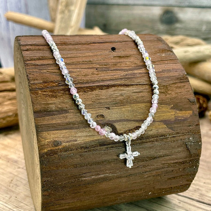 Collier perles femme argent 925 HOLY CRUSH SUGAR – perles de pierre de lune arc - en - ciel et pendentif croix zircon, zircons roses – bijoux fait main en argent 925 | Pitch & Néo