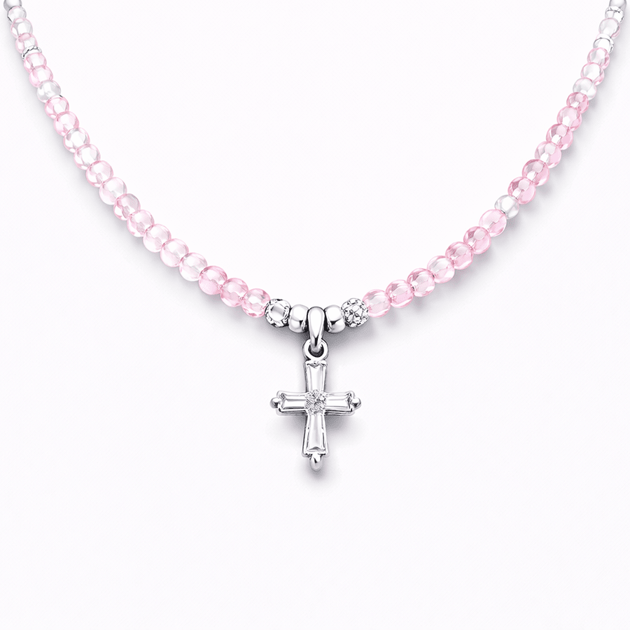 Collier perles femme argent 925 HOLY CRUSH SUGAR – perles de pierre de lune arc - en - ciel et pendentif croix zircon, zircons roses – bijoux fait main en argent 925 | Pitch & Néo