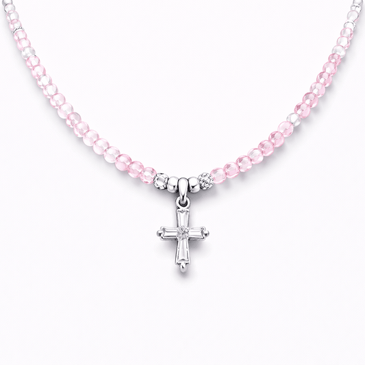 Collier perles femme argent 925 HOLY CRUSH SUGAR – perles de pierre de lune arc - en - ciel et pendentif croix zircon, zircons roses – bijoux fait main en argent 925 | Pitch & Néo