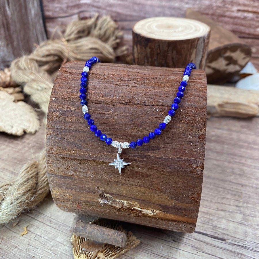 Collier perles femme argent 925 – MAKE IT BLUE, BABE, perles facettées de lapis - lazuli et pendentif étoile du Nord zircon – bijoux fait main en argent 925 | Pitch & Néo