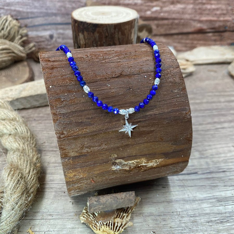 Collier perles femme argent 925 – MAKE IT BLUE, BABE, perles facettées de lapis - lazuli et pendentif étoile du Nord zircon – bijoux fait main en argent 925 | Pitch & Néo
