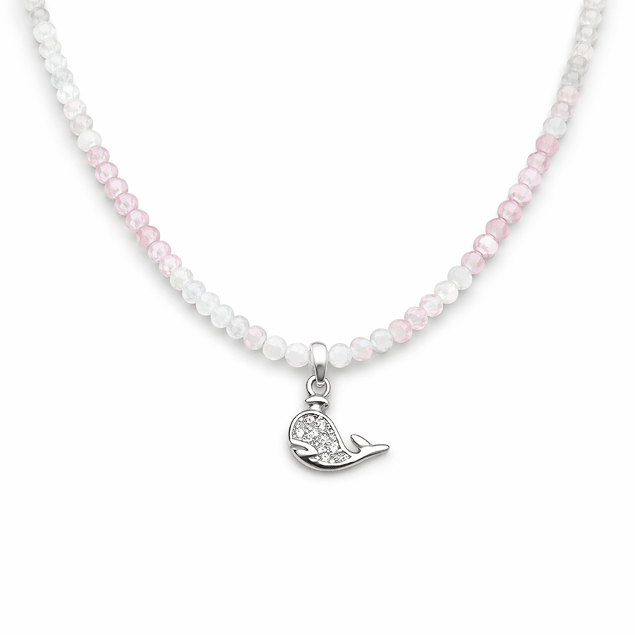 Collier perles femme argent 925 – MILKY & BLUSH, perles de pierre de lune et zircons roses & pendentif baleine sertie de zircons – bijoux fait main en argent 925 | Pitch & Néo