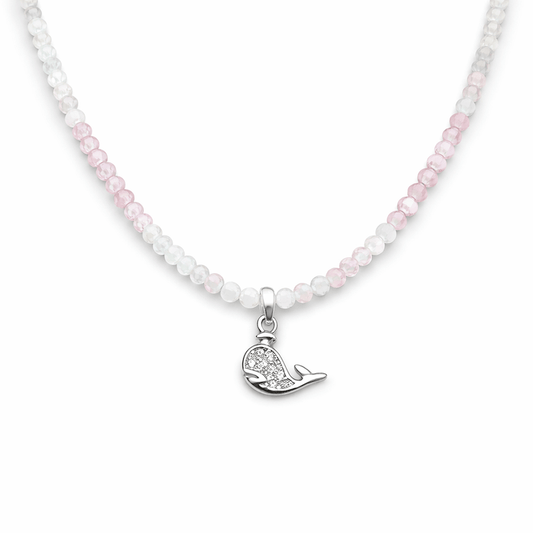 Collier perles femme argent 925 – MILKY & BLUSH, perles de pierre de lune et zircons roses & pendentif baleine sertie de zircons – bijoux fait main en argent 925 | Pitch & Néo