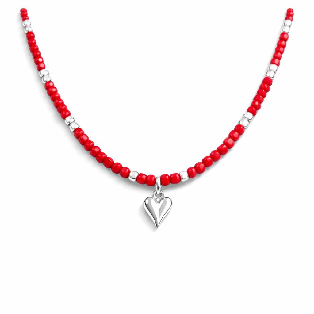 Collier perles femme BACK OFF, I'M IN LOVE – perles en pierre fine de corail bambou & pendentif cœur allongé avec perles facettées scintillantes en argent 925 – bijoux fait main en argent 925 | Pitch & Néo