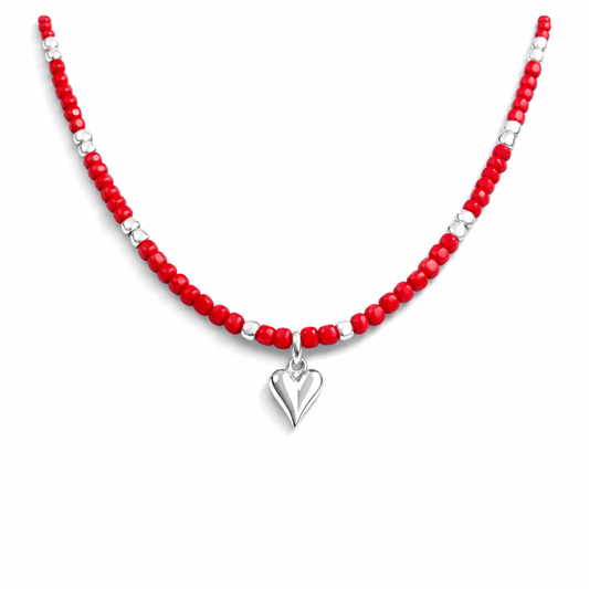 Collier perles femme BACK OFF, I'M IN LOVE – perles en pierre fine de corail bambou & pendentif cœur allongé avec perles facettées scintillantes en argent 925 – bijoux fait main en argent 925 | Pitch & Néo