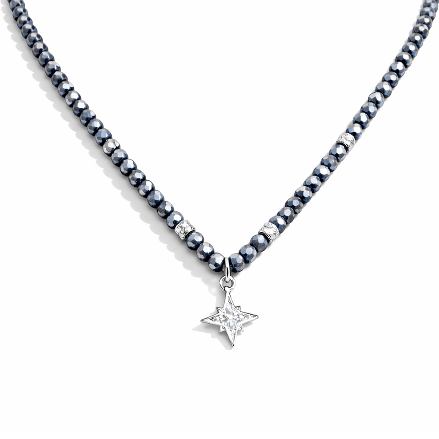 Collier perles femme BAD STAR BABE – perles de térahertz facettées & pendentif étoile polaire zircon en argent 925 – bijoux fait main en argent 925 | Pitch & Néo