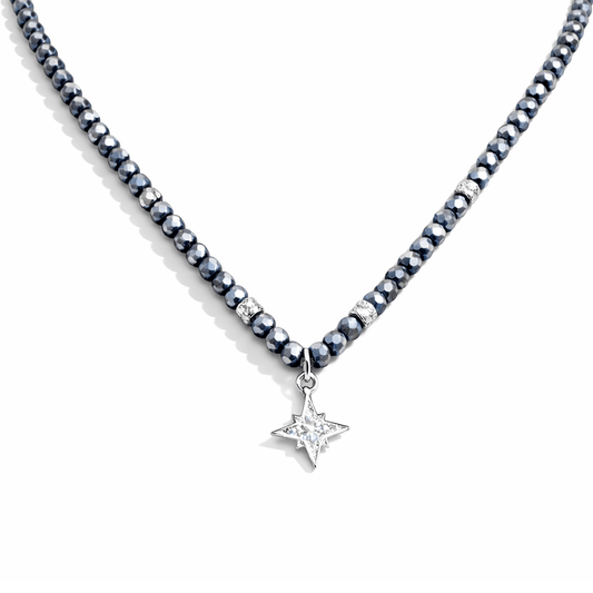 Collier perles femme BAD STAR BABE – perles de térahertz facettées & pendentif étoile polaire zircon en argent 925 – bijoux fait main en argent 925 | Pitch & Néo