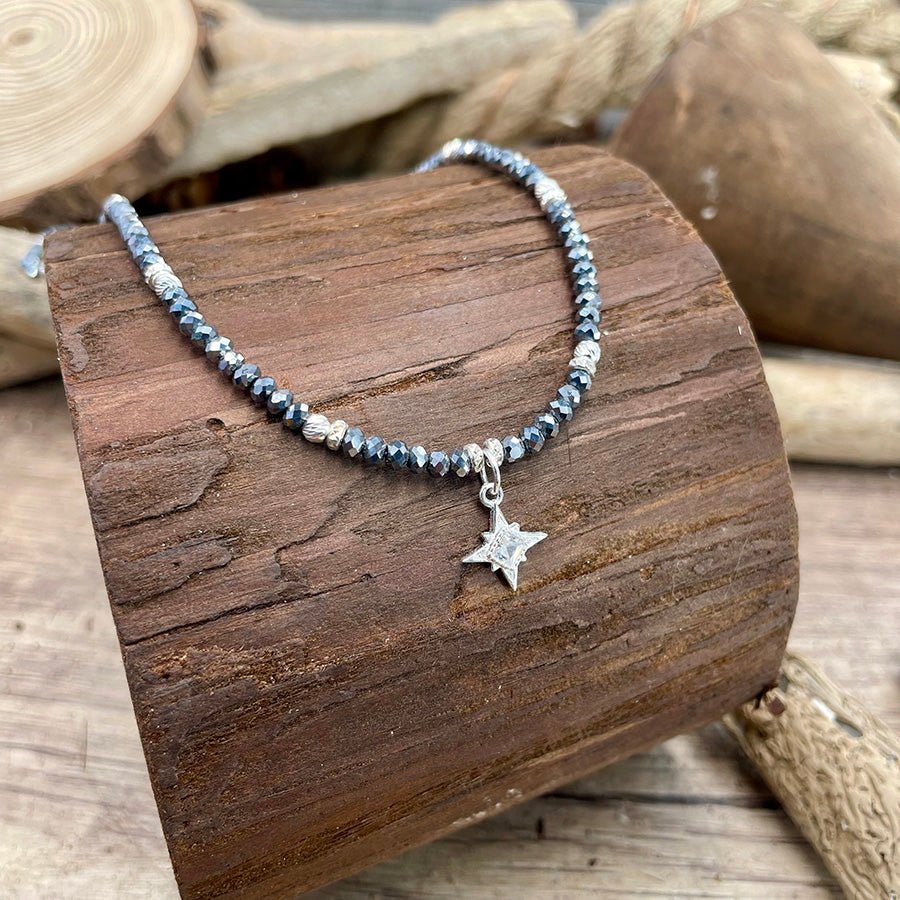 Collier perles femme BAD STAR BABE – perles de térahertz facettées & pendentif étoile polaire zircon en argent 925 – bijoux fait main en argent 925 | Pitch & Néo