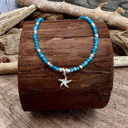 Collier perles femme BEACH, I’M A STAR – perles d’apatite, & pendentif étoile de mer zircons et argent 925 – bijoux fait main en argent 925 | Pitch & Néo