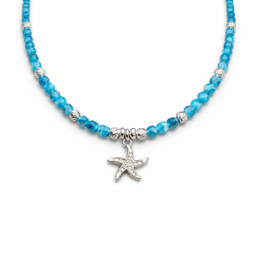 Collier perles femme BEACH, I’M A STAR – perles d’apatite, & pendentif étoile de mer zircons et argent 925 – bijoux fait main en argent 925 | Pitch & Néo