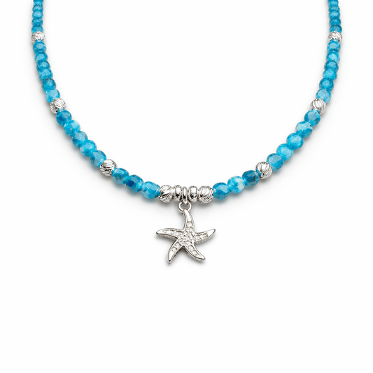 Collier perles femme BEACH, I’M A STAR – perles d’apatite, & pendentif étoile de mer zircons et argent 925 – bijoux fait main en argent 925 | Pitch & Néo