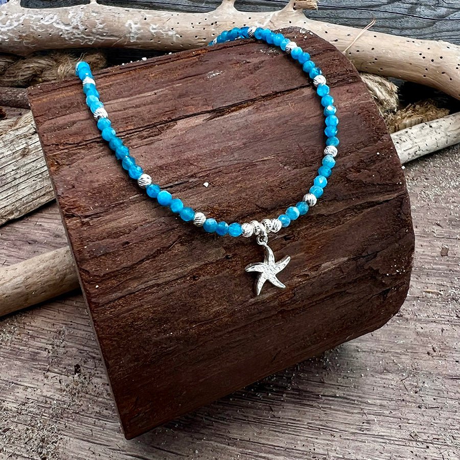 Collier perles femme BEACH, I’M A STAR – perles d’apatite, & pendentif étoile de mer zircons et argent 925 – bijoux fait main en argent 925 | Pitch & Néo