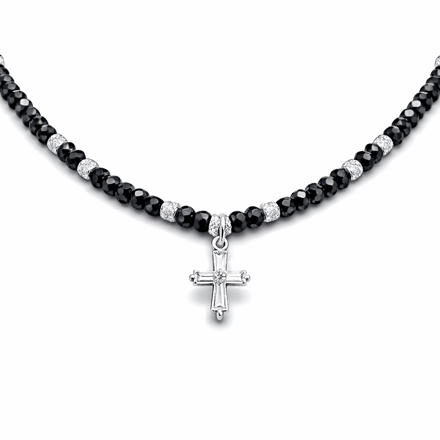 Collier perles femme BLESS MY CHAOS, ANGEL – perles de spinelle noir, perles facettées scintillantes & pendentif croix zircon baguette en argent 925 – bijoux fait main en argent 925 | Pitch & Néo