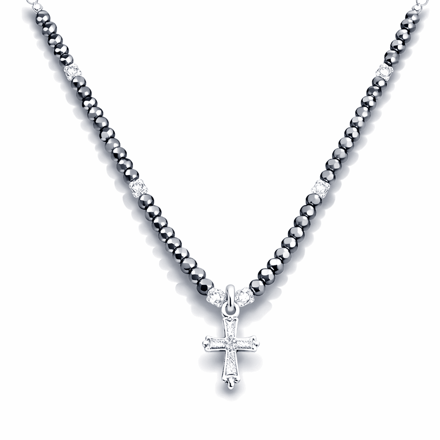 Collier perles femme BLESS MY TEARZ – perles de térahertz facettées & pendentif croix zircons baguette en argent 925 – bijoux fait main en argent 925 | Pitch & Néo