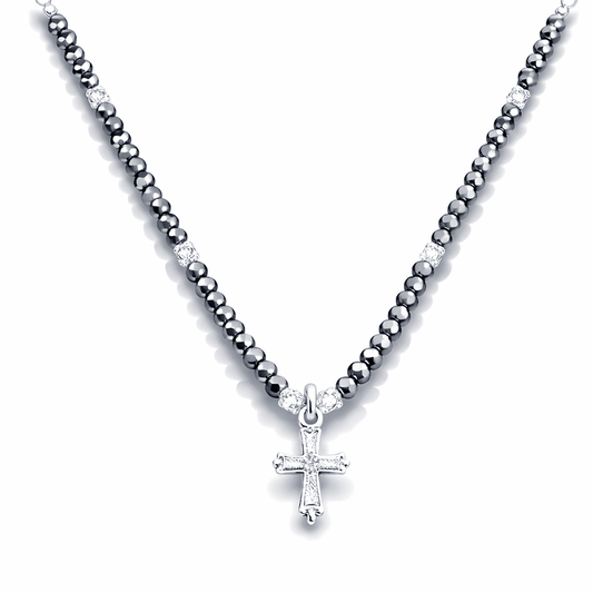 Collier perles femme BLESS MY TEARZ – perles de térahertz facettées & pendentif croix zircons baguette en argent 925 – bijoux fait main en argent 925 | Pitch & Néo