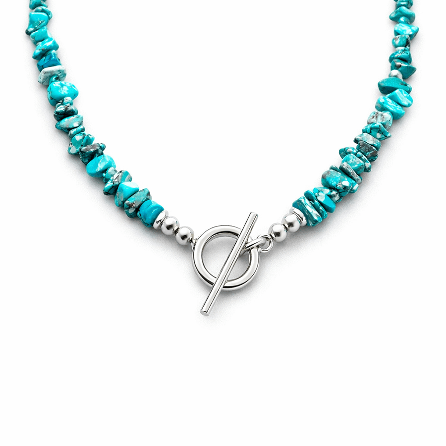 Collier perles femme BLUE LAGOON, NO ICE – perles chips de turquoise du Nevada véritable & fermoir toggle minimaliste et argent 925 – bijoux fait main en argent 925 | Pitch & Néo