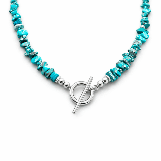 Collier perles femme BLUE LAGOON, NO ICE – perles chips de turquoise du Nevada véritable & fermoir toggle minimaliste et argent 925 – bijoux fait main en argent 925 | Pitch & Néo