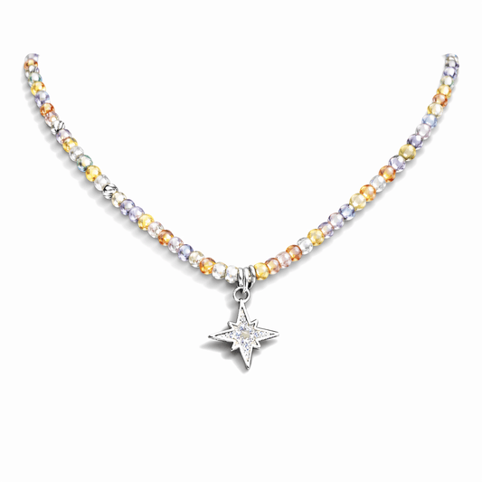 Collier perles femme CANDY RULES, DARLING – perles en pierre fine de zircons multicolores facettées & pendentif étoile polaire pavée de zircons en argent 925 – bijoux fait main en argent 925 | Pitch & Néo