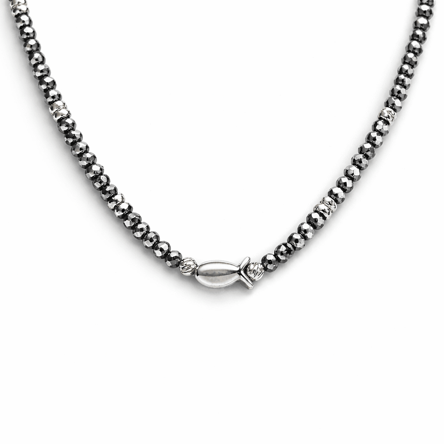 Collier perles femme CATCH MY SHINE – perles rondelles facettées en térahertz & pendentif poisson miroir en argent 925 – bijoux fait main en argent 925 | Pitch & Néo