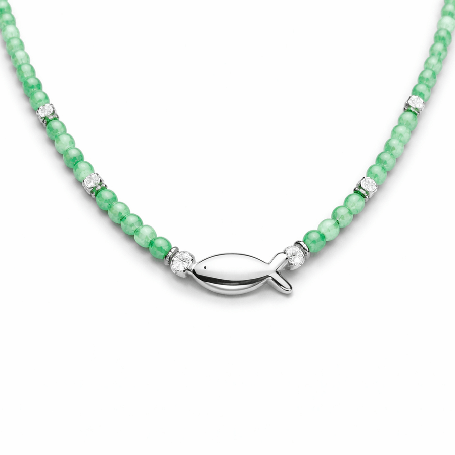 Collier perles femme CATCH MY WAVE, GORGEOUS! – perles de chrysoprase facettées & pendentif poisson miroir en argent 925 – bijoux fait main en argent 925 | Pitch & Néo