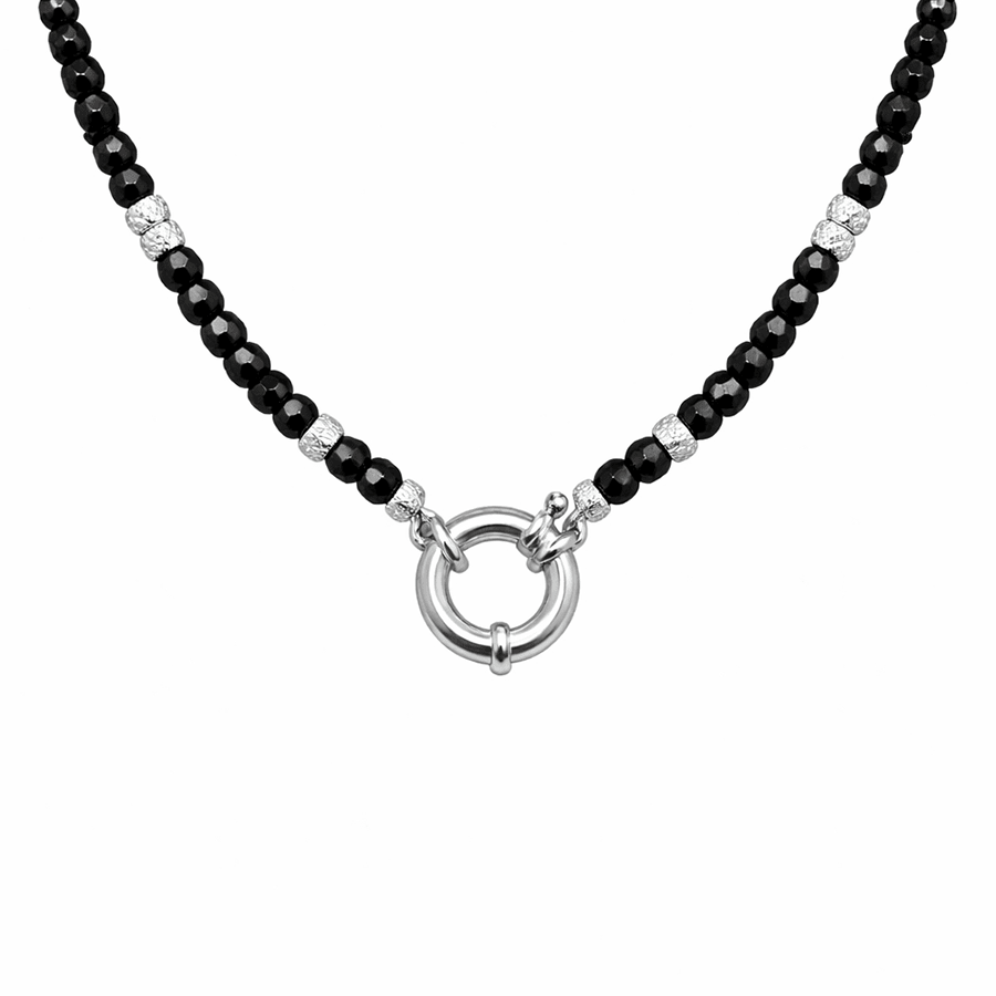 Collier perles femme DARK SHADOW – perles de tourmaline noire facettées, & fermoir bouée en argent 925 – bijoux fait main en argent 925 | Pitch & Néo