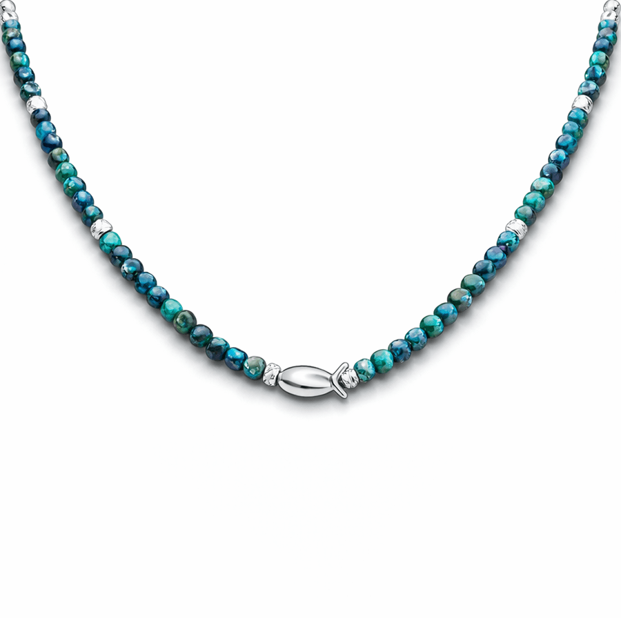 Collier perles femme DEEP SEA & DIAMOND RULES – perles d’azurite facettées, perles scintillantes & pendentif poisson miroir en argent 925 – bijoux fait main en argent 925 | Pitch & Néo