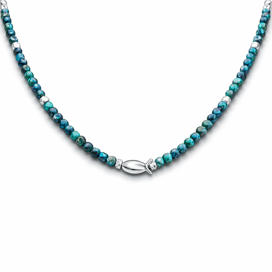 Collier perles femme DEEP SEA & DIAMOND RULES – perles d’azurite facettées, perles scintillantes & pendentif poisson miroir en argent 925 – bijoux fait main en argent 925 | Pitch & Néo