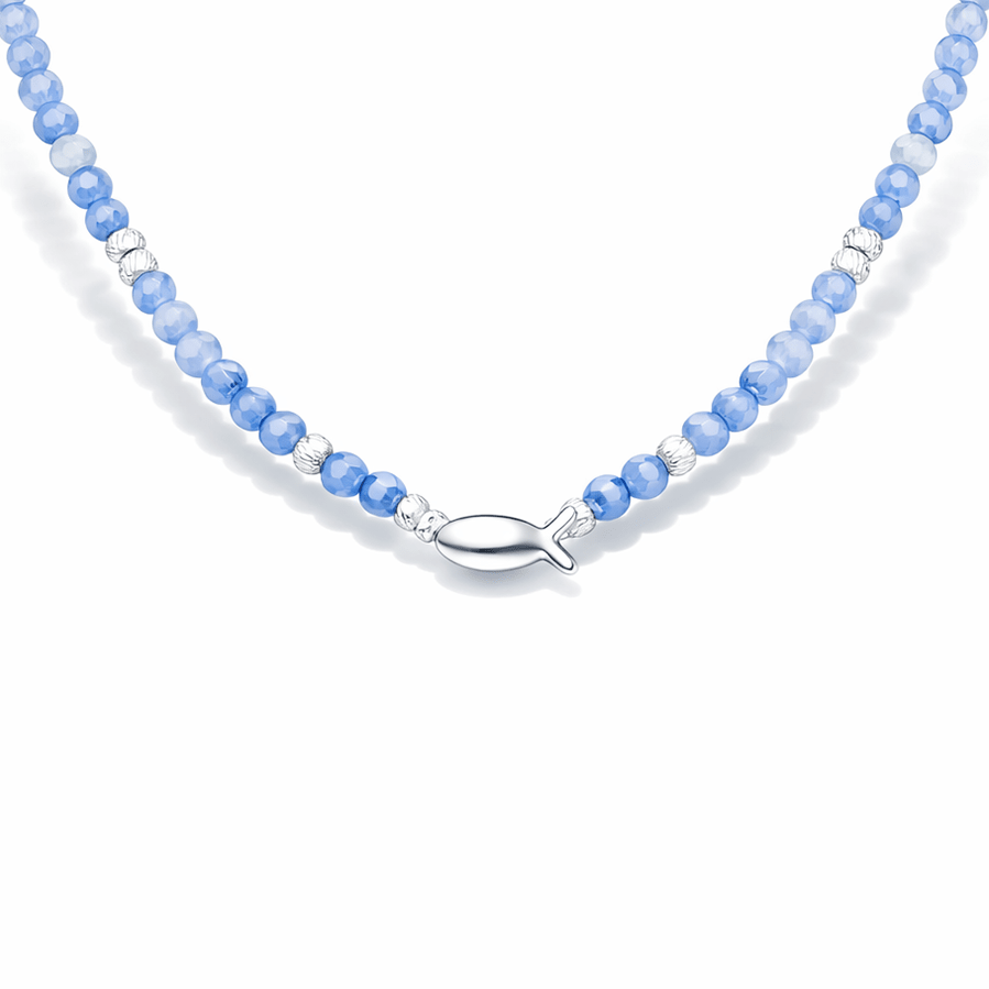 Collier perles femme DIVE INTO ME – perles de cyanite & pendentif poisson miroir et argent 925 – bijoux fait main en argent 925 | Pitch & Néo