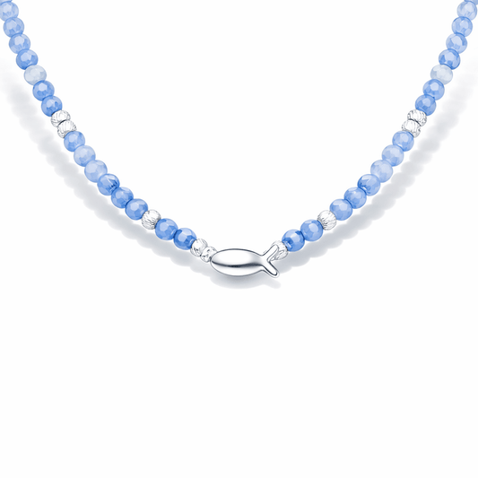 Collier perles femme DIVE INTO ME – perles de cyanite & pendentif poisson miroir et argent 925 – bijoux fait main en argent 925 | Pitch & Néo