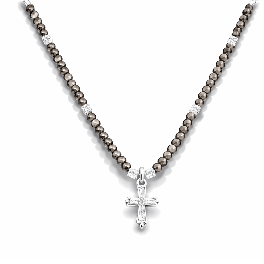 Collier perles femme FALL FROM GRACE, SISTER! – perles de quartz fumé facettées & pendentif croix pavée de zircons façon diamant en argent 925 – bijoux fait main en argent 925 | Pitch & Néo