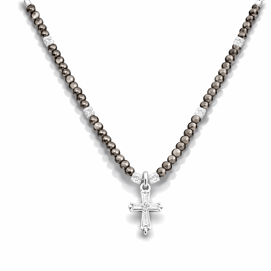 Collier perles femme FALL FROM GRACE, SISTER! – perles de quartz fumé facettées & pendentif croix pavée de zircons façon diamant en argent 925 – bijoux fait main en argent 925 | Pitch & Néo