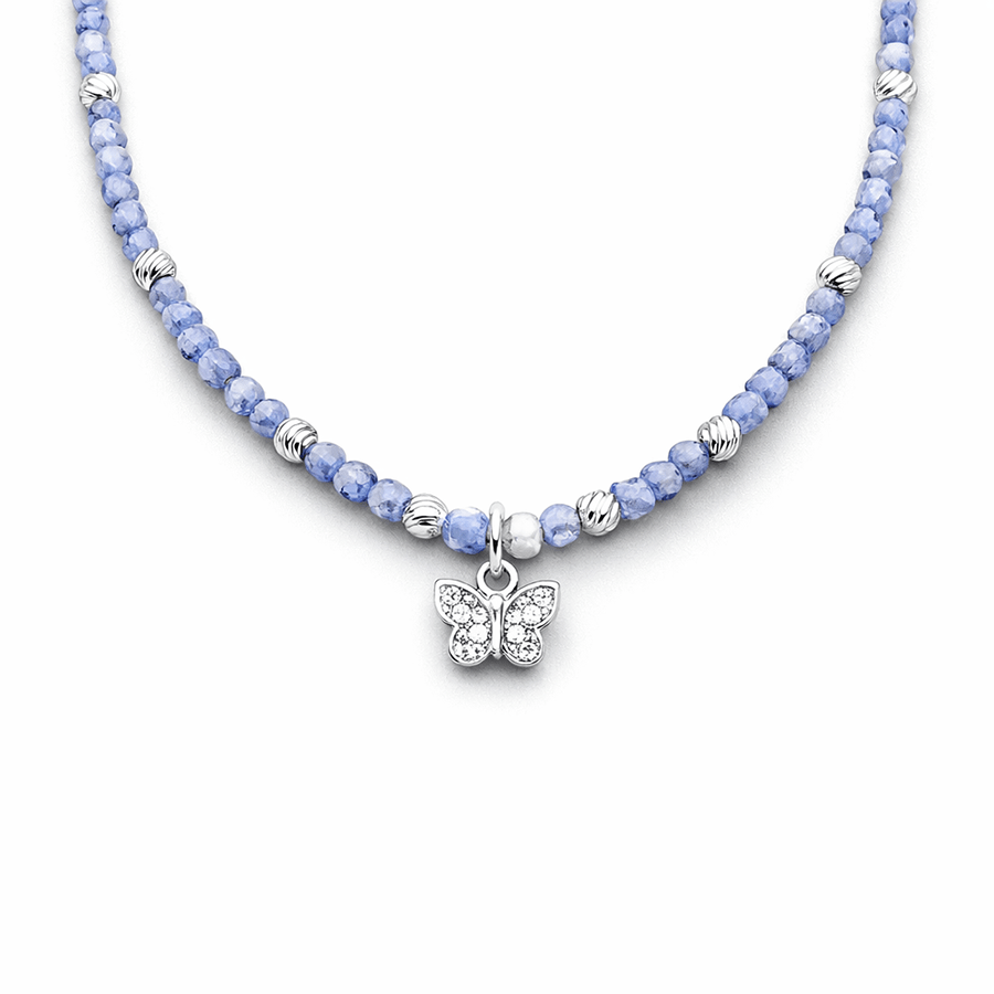 Collier perles femme FLY ME FABULOUS – perles de tanzanite facettées & pendentif papillon serti de zircons et argent 925 – bijoux fait main en argent 925 | Pitch & Néo