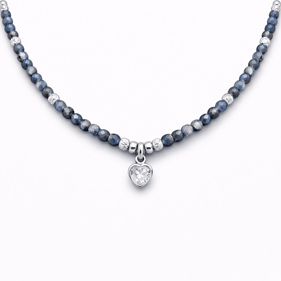 Collier perles femme FREEZE ME & LOVE ME – perles de cordiérite facettées, & pendentif cœur halo zircons façon diamant en argent 925 – bijoux fait main en argent 925 | Pitch & Néo