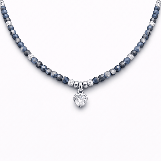 Collier perles femme FREEZE ME & LOVE ME – perles de cordiérite facettées, & pendentif cœur halo zircons façon diamant en argent 925 – bijoux fait main en argent 925 | Pitch & Néo