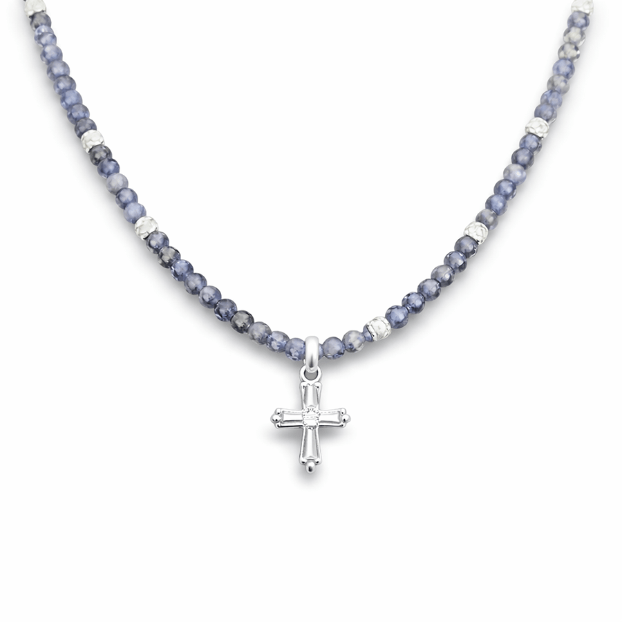 Collier perles femme FROZEN BY STYLE – perles de cordiérite facettées, perles facettées scintillantes & pendentif croix zircon baguette en argent 925 – bijoux fait main en argent 925 | Pitch & Néo