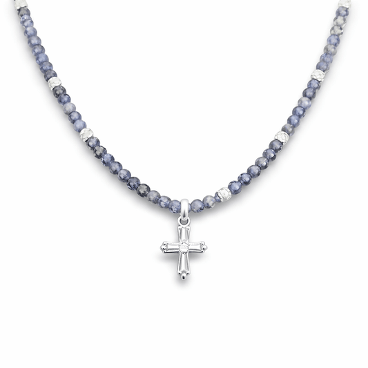 Collier perles femme FROZEN BY STYLE – perles de cordiérite facettées, perles facettées scintillantes & pendentif croix zircon baguette en argent 925 – bijoux fait main en argent 925 | Pitch & Néo