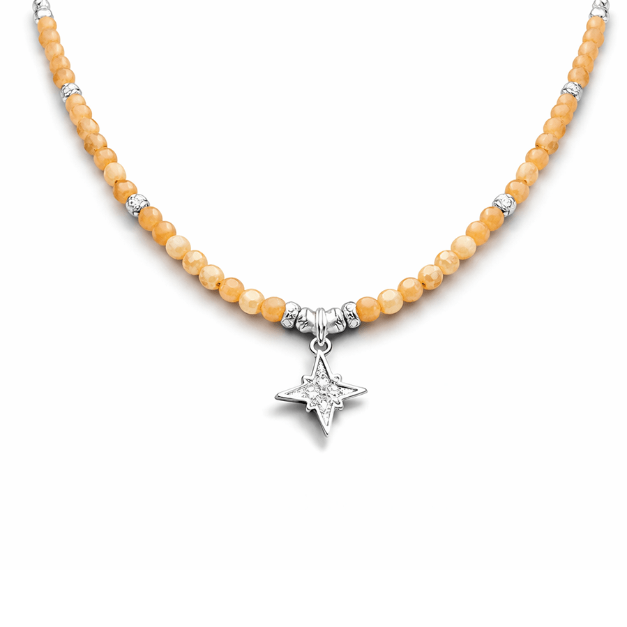 Collier perles femme GLOW ME, HONEY – perles d’aventurine orange facettées, & pendentif étoile du Nord pavée de zircons en argent 925 – bijoux fait main en argent 925 | Pitch & Néo