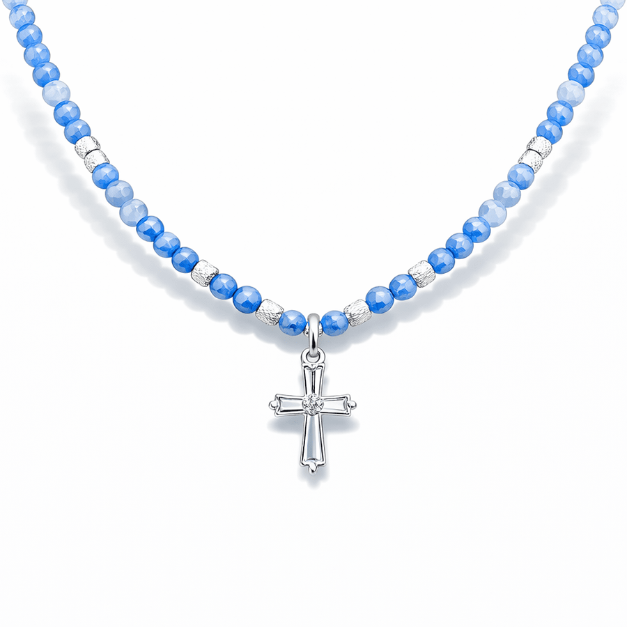 Collier perles femme HALLELU - BLING – perles de cyanite & pendentif croix zircon baguette en argent 925 – bijoux fait main en argent 925 | Pitch & Néo