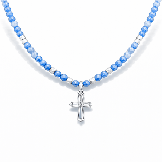 Collier perles femme HALLELU - BLING – perles de cyanite & pendentif croix zircon baguette en argent 925 – bijoux fait main en argent 925 | Pitch & Néo