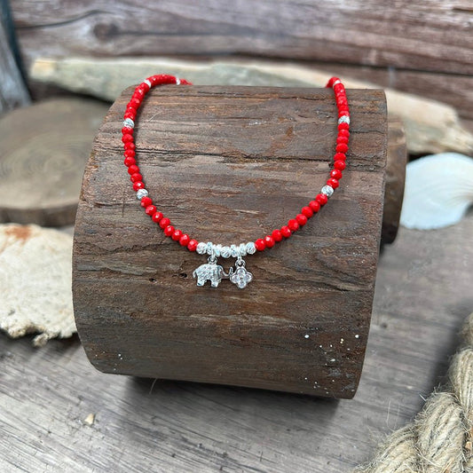 Collier perles femme HOT LUCK, BABY – perles de corail bambou rouge, pendentifs éléphant et trèfle en zircon, argent 925 – bijoux fait main en argent 925 | Pitch & Néo