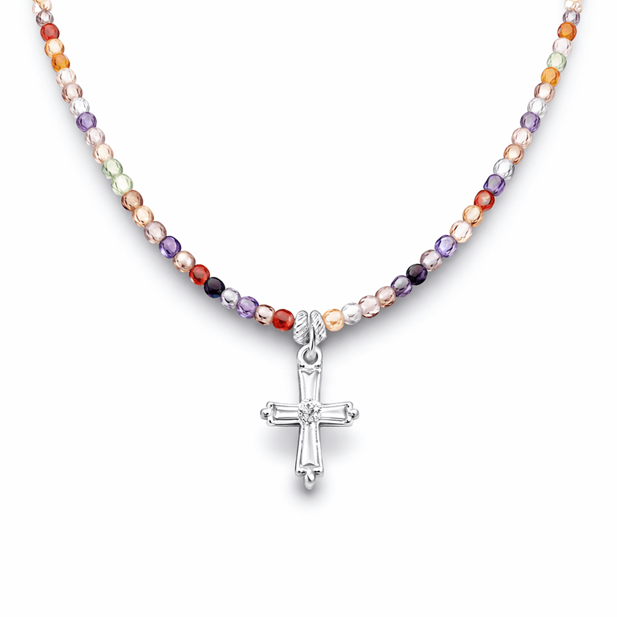 Collier perles femme JINGLE JUICE – perles en pierre fine de zircons multicolores facettées & pendentif croix Art Déco pavée de zircons sertis baguette en argent 925 – bijoux fait main en argent 925 | Pitch & Néo