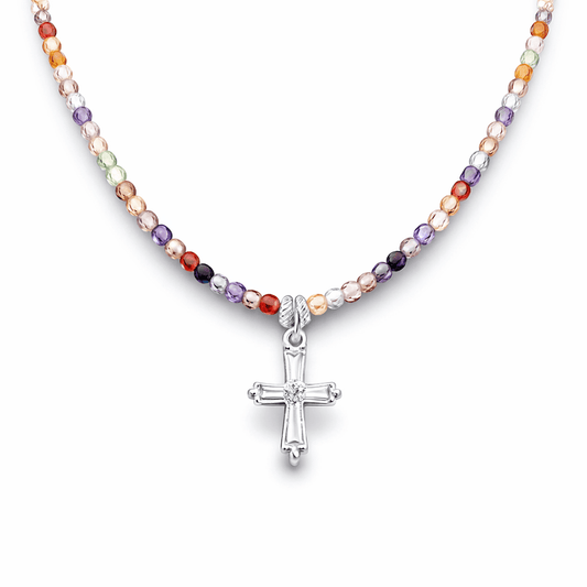 Collier perles femme JINGLE JUICE – perles en pierre fine de zircons multicolores facettées & pendentif croix Art Déco pavée de zircons sertis baguette en argent 925 – bijoux fait main en argent 925 | Pitch & Néo