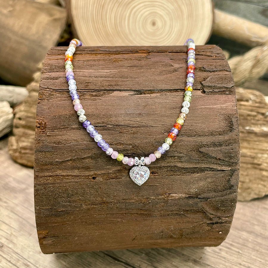 Collier perles femme LICK MY HEART – perles de zircons multicolores & pendentif cœur zircon halo en argent 925 – bijoux fait main en argent 925 | Pitch & Néo