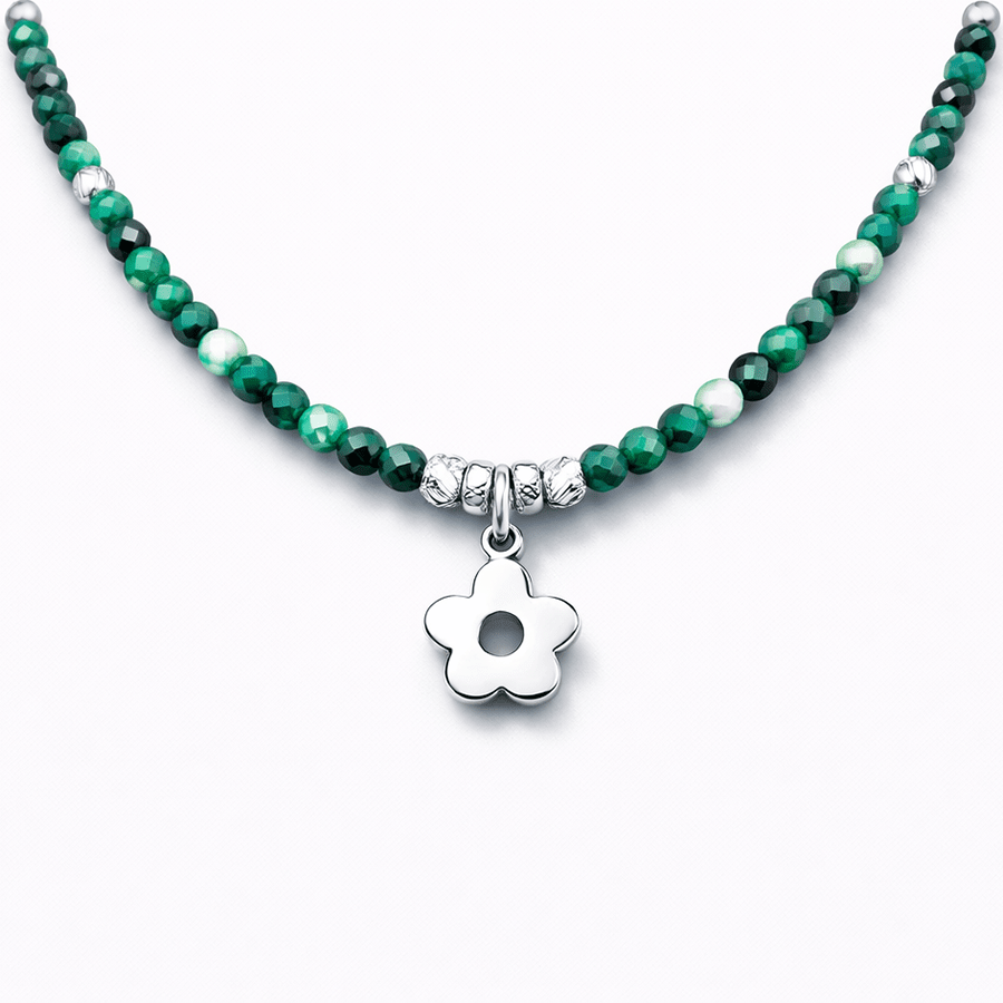 Collier perles femme LICK MY MINT – perles de malachite, & pendentif fleur miroir en argent 925 – bijoux fait main en argent 925 | Pitch & Néo