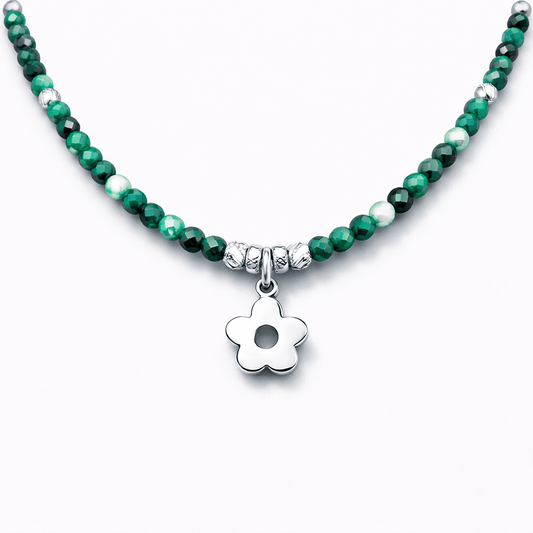 Collier perles femme LICK MY MINT – perles de malachite, & pendentif fleur miroir en argent 925 – bijoux fait main en argent 925 | Pitch & Néo