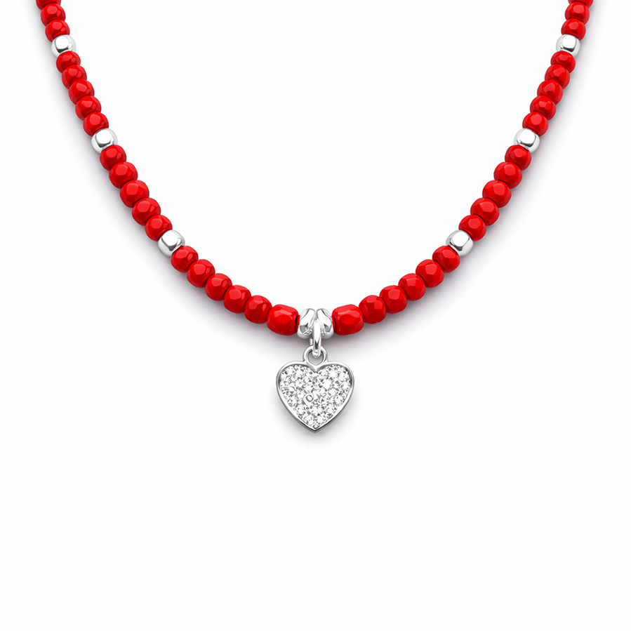Collier perles femme LIGHT MY FIRE – perles en pierre fine de corail bambou facettées & pendentif cœur pavé de zircons façon diamant en argent 925 – bijoux fait main en argent 925 | Pitch & Néo